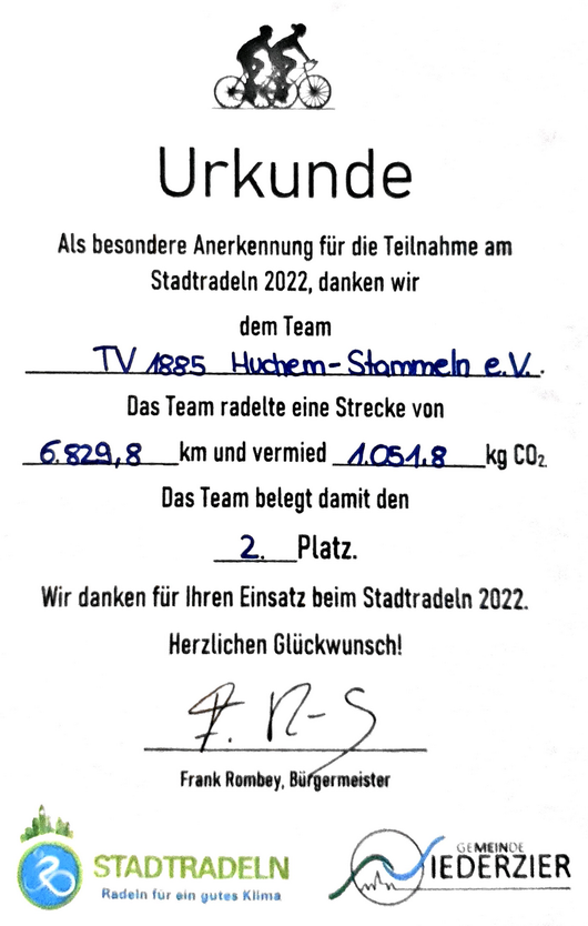 Stadtradeln 2022 Urkunde TV Huchem Stammeln